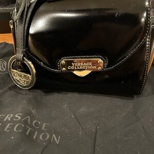 Versace Mini Bag ..Black Patent Leather with / gold accents.